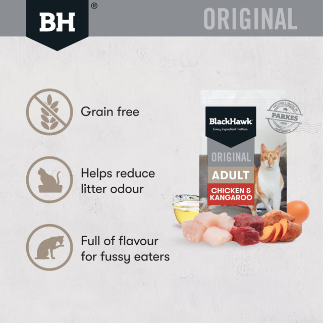 Black Hawk Original Adult Chicken & Kangaroo Dry Cat Food, Chicken and kangaroo cat food dry, Black Hawk poster, full flavour for fussy cats, Pet Essentials Warehouse