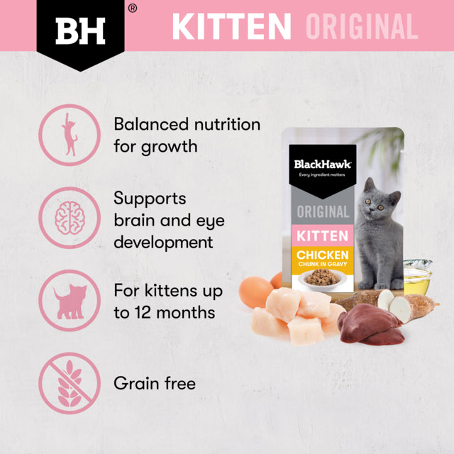 Black Hawk Original Kitten Chicken in Gravy Wet Cat Food balanced nutrition poster, pet essentials warehouse