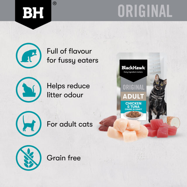Black Hawk Original Adult Chicken & Tuna in Gravy Wet Cat Food, Tuna and chicken adult cat food, Cat food wet for adult cats, Black Hawk wet cat food, Pet Essentials Warehouse