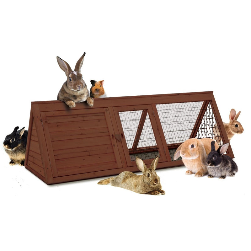 Superpet A Frame Hutch & Sleep Out, Pet Essentials Warehouse, Wooden Rabbit hutches with rabbits sitting on the roof