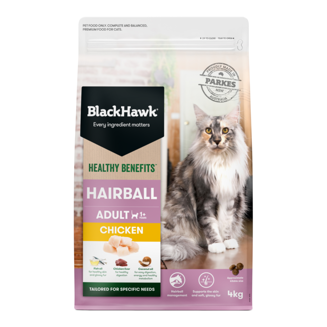 Black Hawk Healthy Benefits Adult Hairball Chicken Dry Cat Food 4kg bag, Healthy Benefits Cat Food, Pet Essentials Warehouse