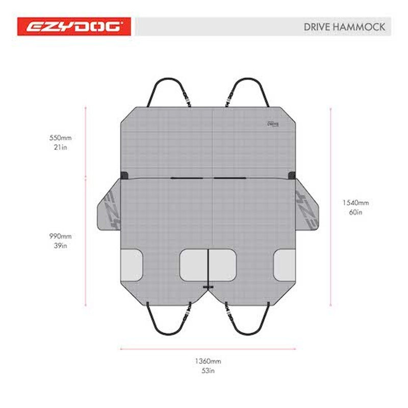 EzyDog Drive Hammock Car Seat Cover top view with measurements, pet essentials warehouse