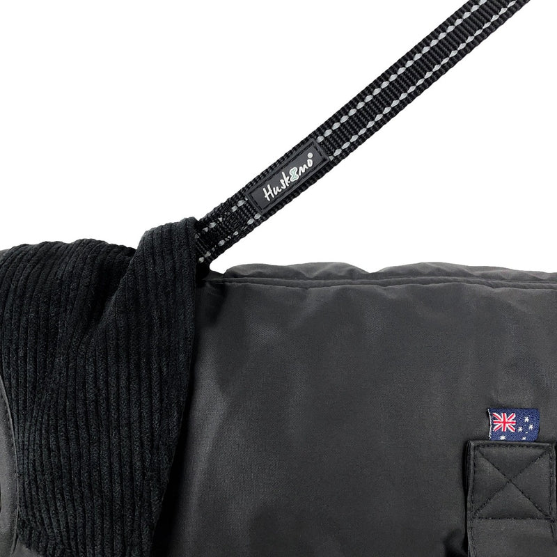 Huskimo Coat Waxed Cotton Thunder with black huskimo dog lead, australian flag, pet essentials warehouse, kazoo dog coat