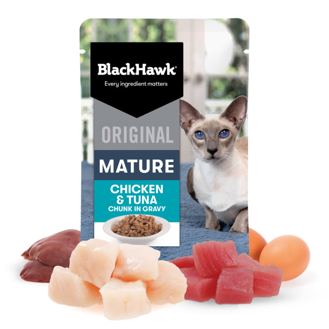 Black Hawk Original Adult Mature Chicken & Tuna in Gravy Wet Cat Food, Mature cat food, food for older cats, Black Hawk cat food, Pet Essentials Warehouse