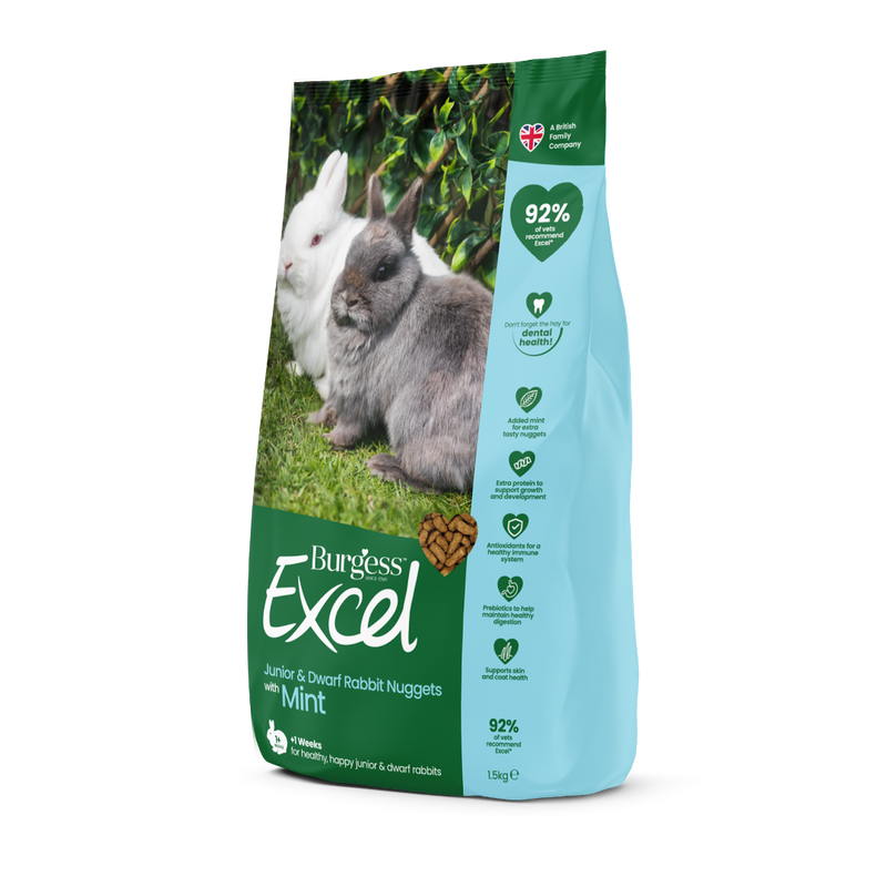 Burgess Excel Junior & Dwarf Rabbit Nuggets with Mint side of packaging, pet essentials warehouse