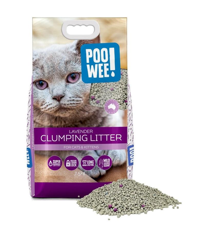 PooWee Clumping Lavender Litter 7.5kg bag, Cat Litter clumping, Poowee Cat litter, litter for cats and kittens, Pet Essentials Warehouse