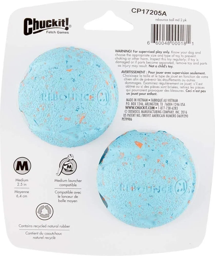 Chuckit Rebounce Ball back of packaging, pet essentials warehouse
