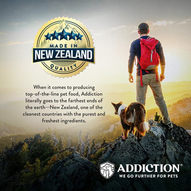 Addiction Grain-Free Salmon Bleu Dry Dog Food, addiction dog poster man and dog on a mountain