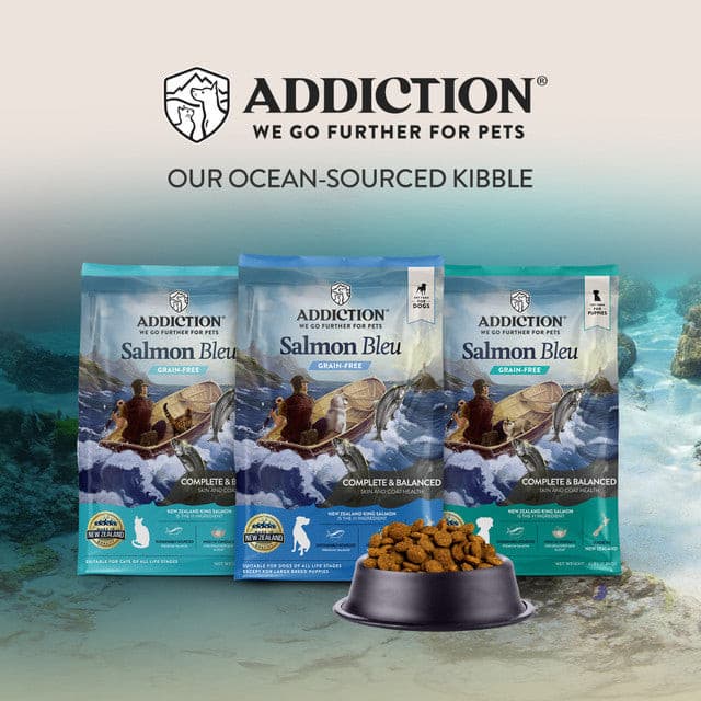 Addiction Grain-Free Salmon Bleu Dry Dog Food poster, pet essentials warehouse