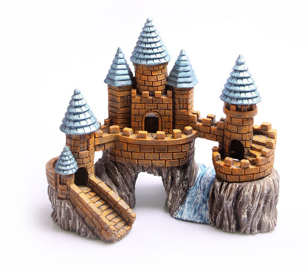 Aqua One Castle On a Rock With River large blue, castle ornament for fish tank, pet essentials warehouse