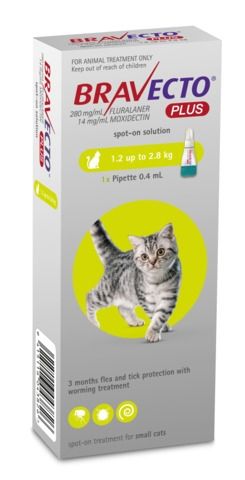Bravecto Plus Spot On Flea Treatment For Cats 1.2-2.8kg - Green, 3 months cat flea treatmnet, Pet Essentials Napier, Pets Warehouse