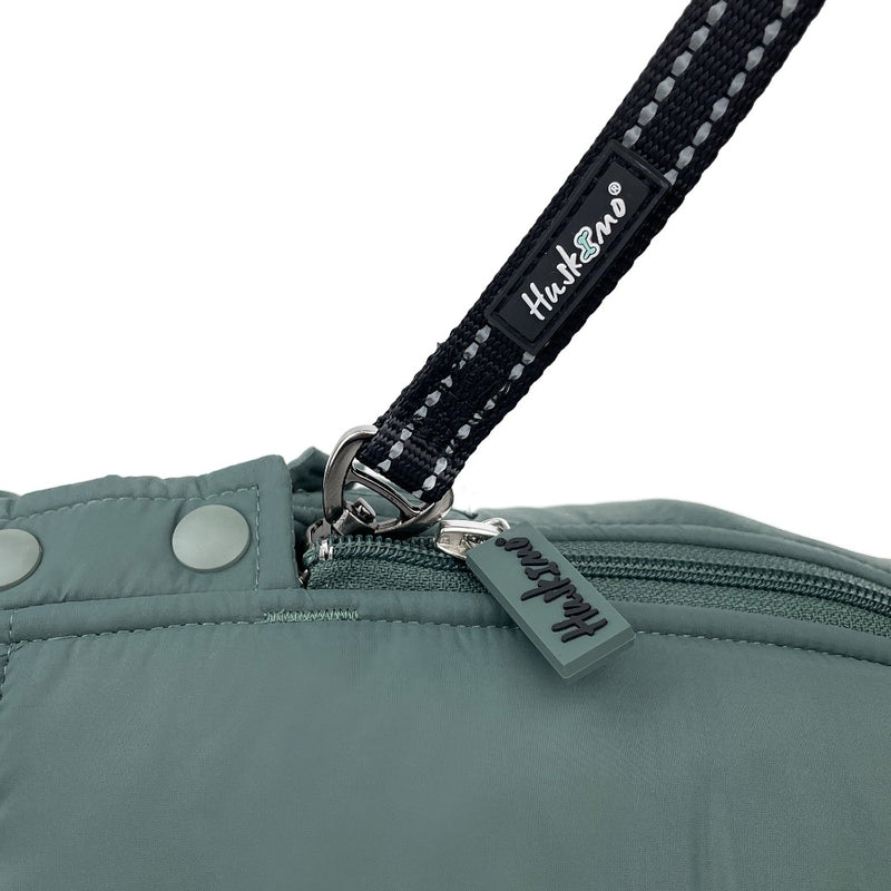 Huskimo Dog Coat Cardrona Moss, Huskimo green puffer jacket harness attachement, pet essentiasl warehosue