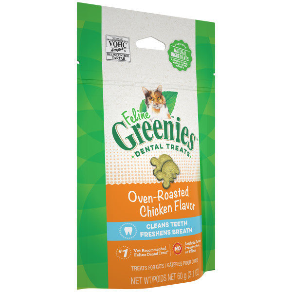 Greenies Oven Roasted Chicken Dental Cat Treats side view, pet essentials warehouse, pet city