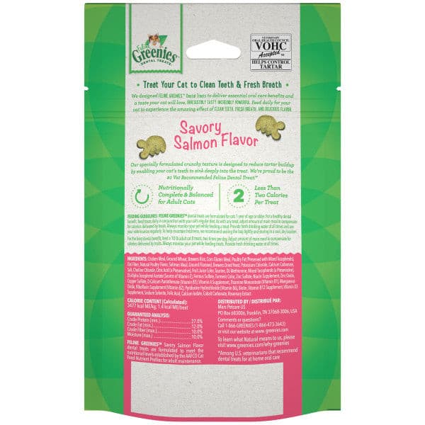 Greenies Cat Salmon Flavour back of packaging, Feline Greenies dental treats, pet essentials warehouse, pet city