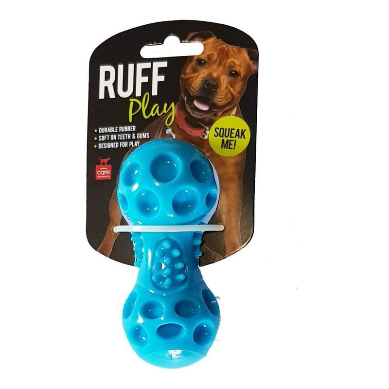 Ruff Play Rubber Squeak Dumbell 12cm Dog Toy, Pet Essentials Napier, Pet Essentials Porirua, Bone rubber toy for dogs, Ruff Play dog toy packaging
