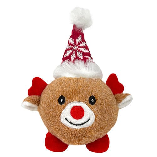 Snuggle Friends Christmas Plush Covered Reindeer Squeaky Ball Dog Toy, pet essentials warehouse