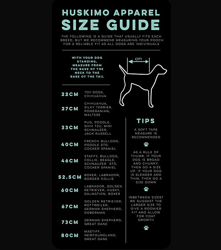 Huskimo Jumper Cable Knit Chilli size guide, huskimo dog coat fitting
