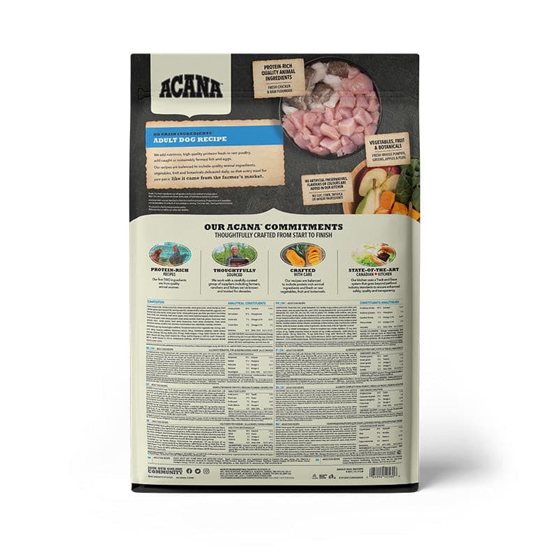 Acana Adult Dry Dog Food back of packaging, pet essentials warehouse