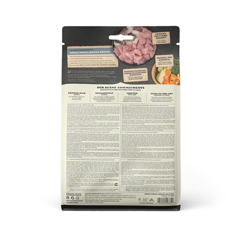 Acana Adult Small Breed back of packaging, pet essentials warehouse