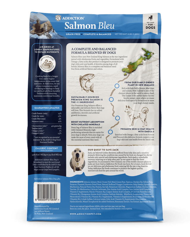 Addiction Grain-Free Salmon Bleu Dry Dog Food back of packaging, pet essentials napier, pet essentials warehouse