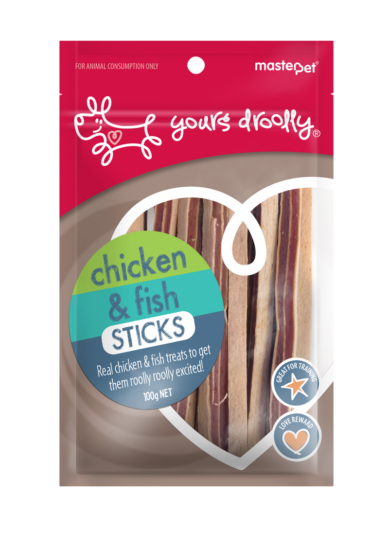 Yours Droolly Chicken & Fish Sticks Made using only the best ingredients, Yours droolly treats use real meat and include only the essentials. No carcases, offcuts, bone or fillers. Yours Droolly Chicken and fish sticks can be broken into small pieces,  Great for training or rewarding. Pet Essentials Napier, Pets Warehouse