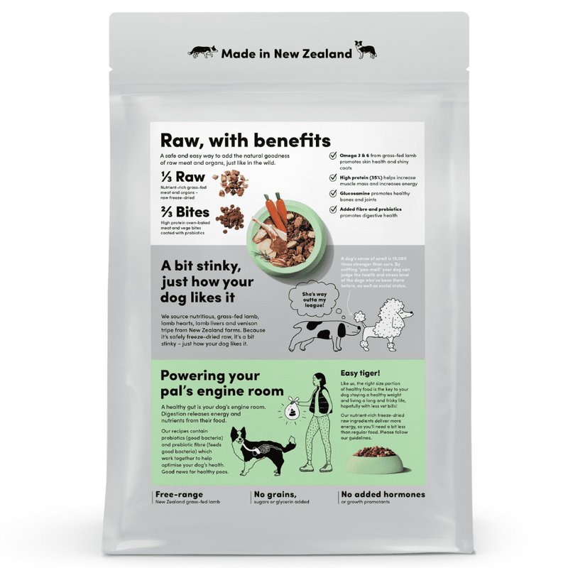 Animals Like Us RawBlend33 Lamb & Venison Freeze Dried Dog Food back of packaging, Pet Essentials Warehouse
