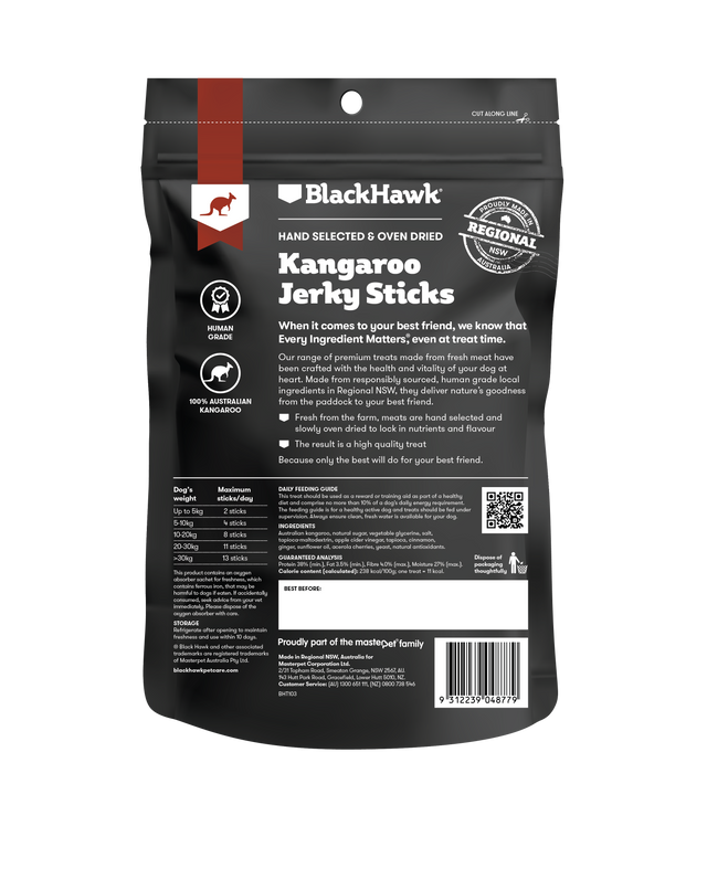 Black Hawk Treats Dog Kangaroo Jerky Sticks 100g bakc of packaging, pet essentials warehouse