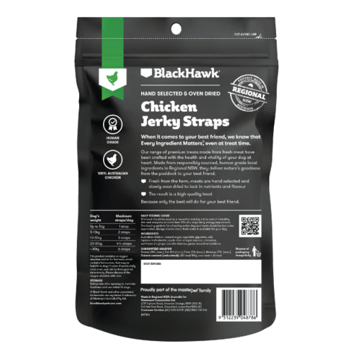 Black Hawk Treats Dog Chicken Jerky Straps 100g back of packaging, Pet Essentials Napier, Pets Warehouse,