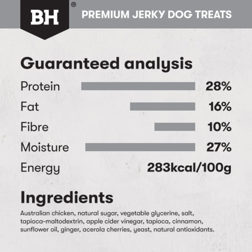 Black Hawk Treats Dog Chicken Jerky Straps 100g, Guaranteed Analysis chart, Pet Essentials Napier, Pets Warehouse