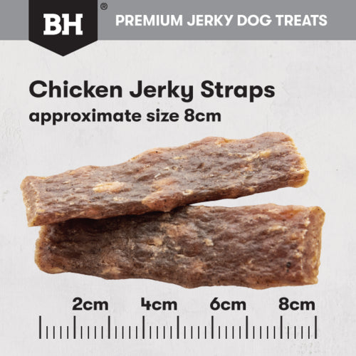 Black Hawk Treats Dog Chicken Jerky Straps 100g size chart, chicken straps 8cm, Pet Essentials Napier, Pets Warehouse
