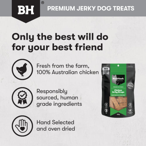 Black Hawk Treats Dog Chicken Jerky Straps 100g poster, pet essentials napier, pets warehouse