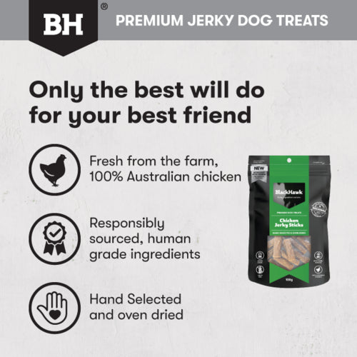 Black Hawk Treats Dog Chicken Jerky Sticks 100g, jerky dog treats only the best will do for your best friend fresh from the farm, 100% australian chicken new blackhawk pero team chicken jerky sticks, responsibly sourced, human grade ingredients hand selected and oven dried