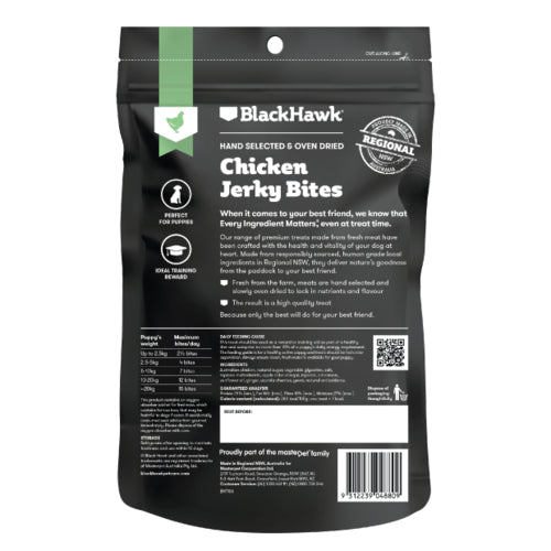 Black Hawk Treats Puppy Chicken Jerky Bites 100g back of packaging, Pet Essentials Napier, Pets Warehouse