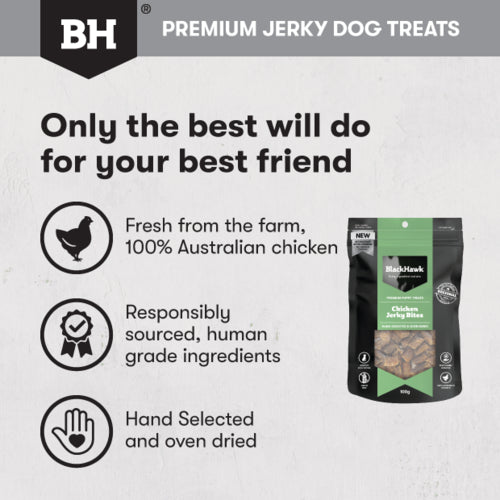 Black Hawk Treats Puppy Chicken Jerky Bites 100g packaging, Pet Essentials Napier, Pets Warehouse
