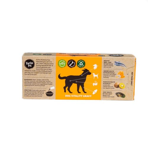Earthz Pet Gravy Chicken Toy And Small Dogs 5x 55ml, front of packaging, 5pack, free range chicken, pet gravy, Pet Essentials Napier, Pet Essentials warehouse, Pet Essential porirua, earthz pet gravy for dogs back of packaging 