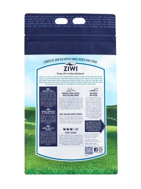Ziwi Peak Lamb Air-Dried Dog Food, Pet Essentials Napier, Pet Essentials Ziwi Peak, Cup of Ziwi peak lamb biscuit, Lamb 1kg Ziwipeak back of packaging