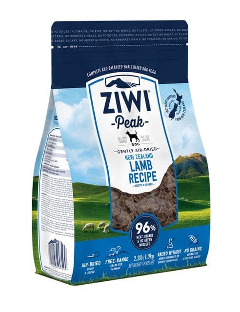 Ziwi Peak Lamb Air-Dried Dog Food, Pet Essentials Napier, Pet Essentials Ziwi Peak, Cup of Ziwi peak lamb biscuit, Lamb 1kg Ziwipeak side of packaging, feeding guide for ziwipeak lamb food side of bag air dried biscuit