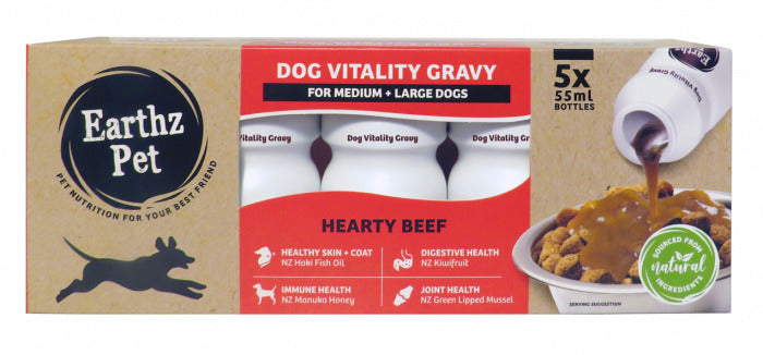 Earthz Pet Gravy Beef Medium And Large Dogs 5x 55ml Pet Essentials, Pet Essentials Warehouse, Pet gravy for fussy dogs, 