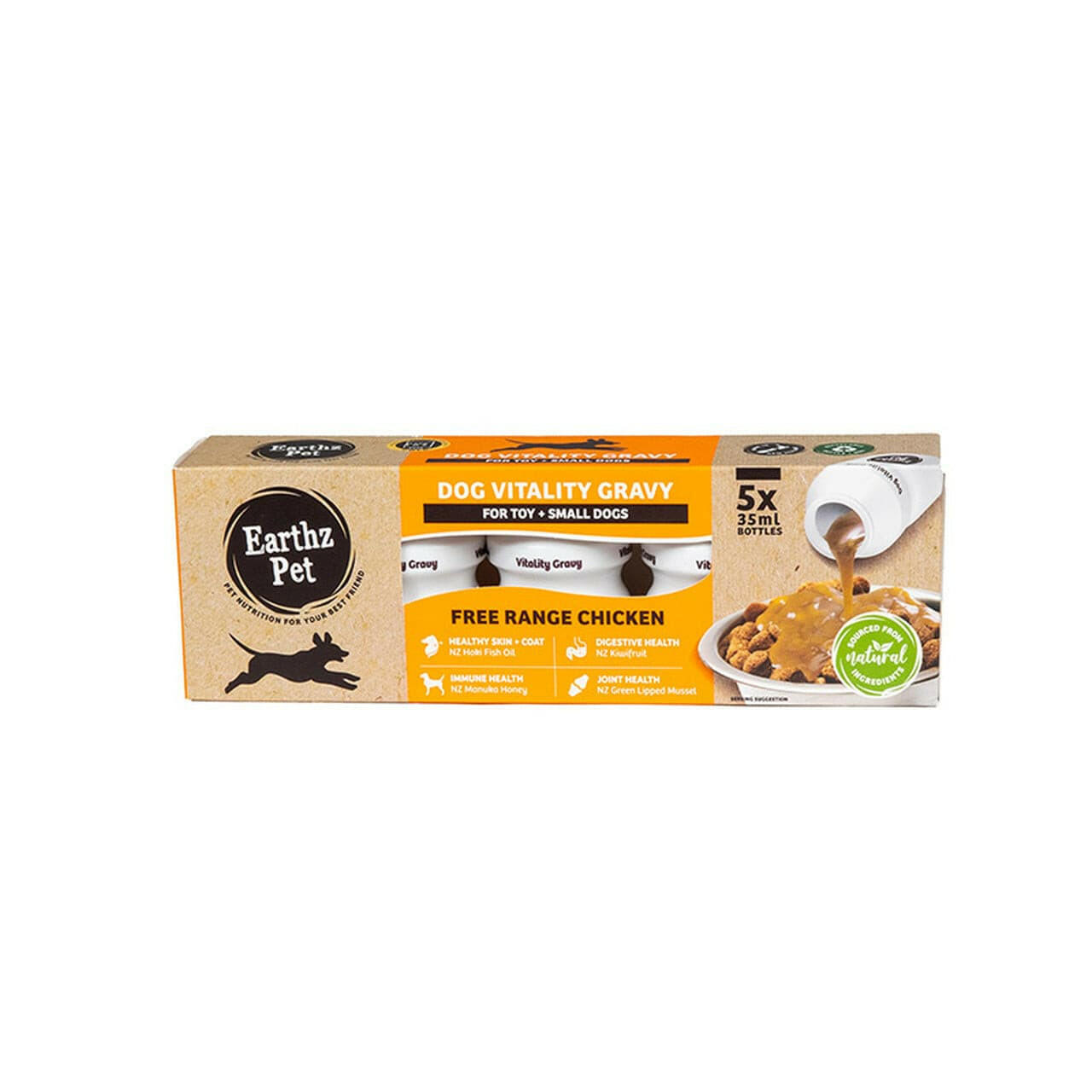 Earthz Pet Gravy Chicken Toy And Small Dogs 5x 55ml, front of packaging, 5pack, free range chicken, pet gravy, Pet Essentials Napier, Pet Essentials warehouse, Pet Essential porirua
