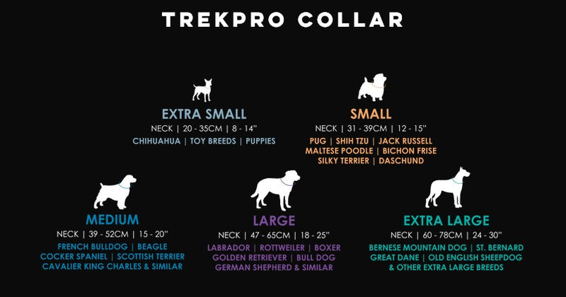 size chart for huskimo trekpro dog collars,Huskimo Trekpro Dog Collar Dark Sky, Huskimo black dog collar, Pet Essentials Napier, Pets Warehouse, Pet Essentials Online, The Pet Centre Wellington 