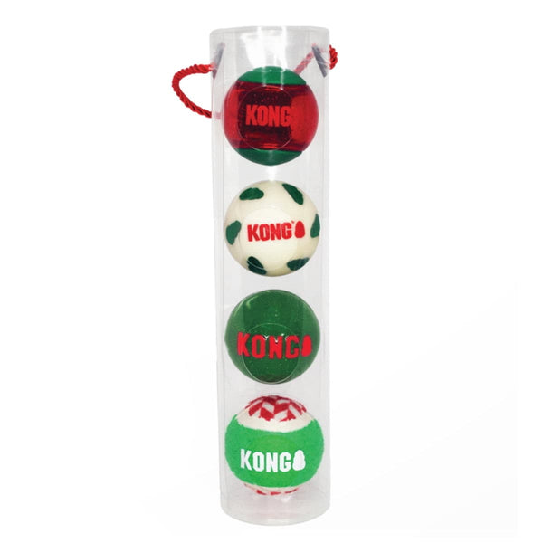 Kong Christmas Holiday Occasions 4 Medium Balls in tube pack, Pet Essentials Warehouse, Pet Essentials Napier, Kong Christmas dog toy balls