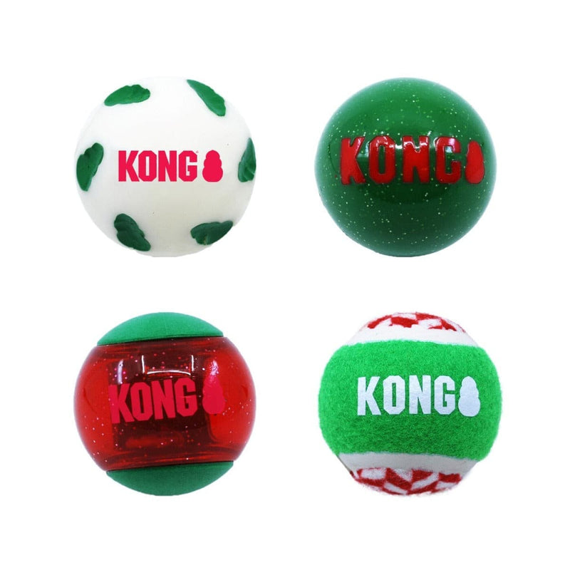 Kong Christmas Holiday Occasions 4 Medium Balls in tube pack, Pet Essentials Warehouse, Pet Essentials Napier, Kong Christmas dog toy balls, Christmas fetch dog toys