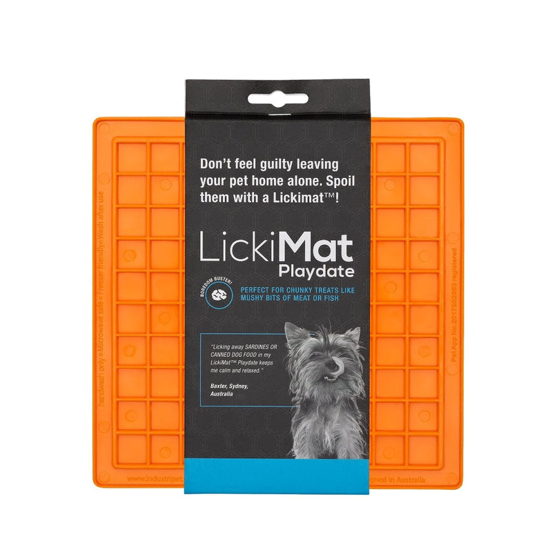 LickiMat Classic Playdate orange with packageing, pet essentials warehouse