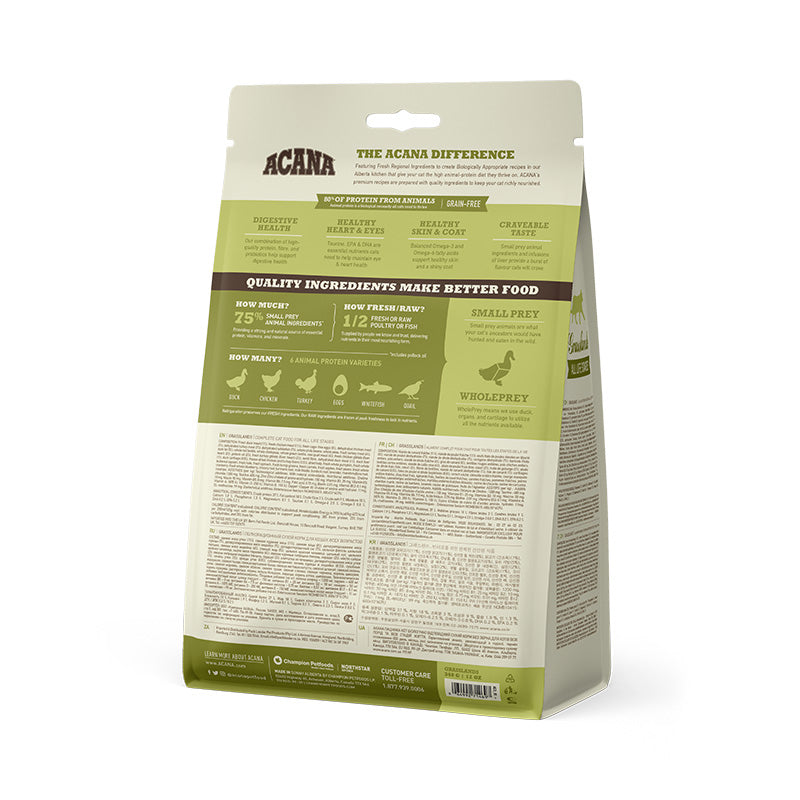 Acana Regionals Grasslands Dry Cat Food back of packaging, pet essentials warehouse