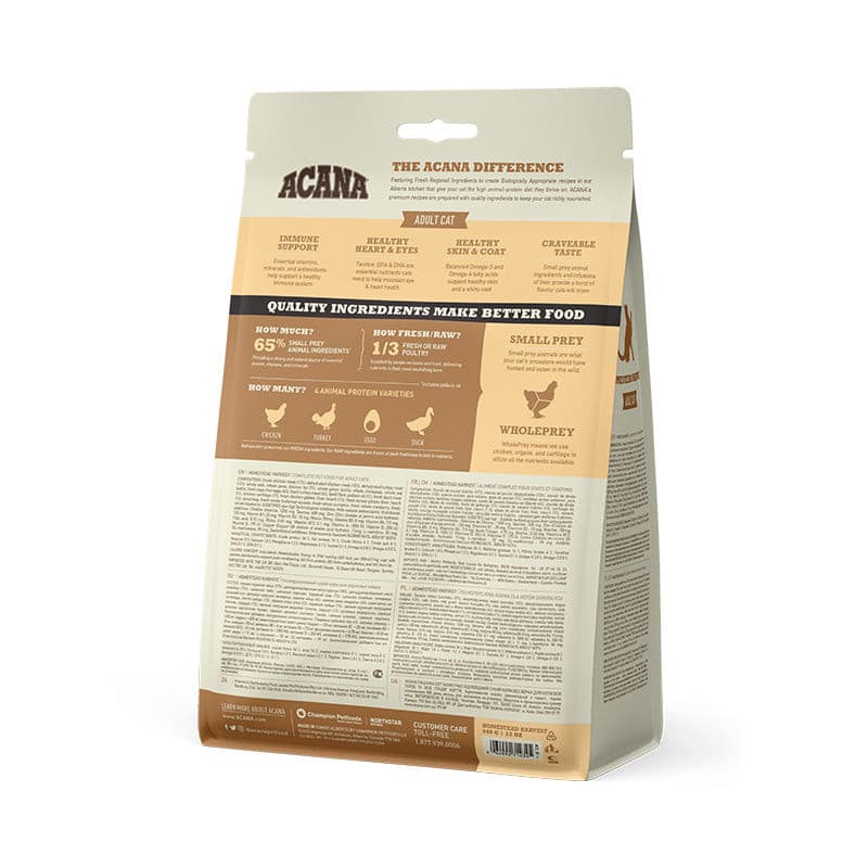 Acana Homestead Harvest Dry Cat Food back of packaging, pet essentials warehouse