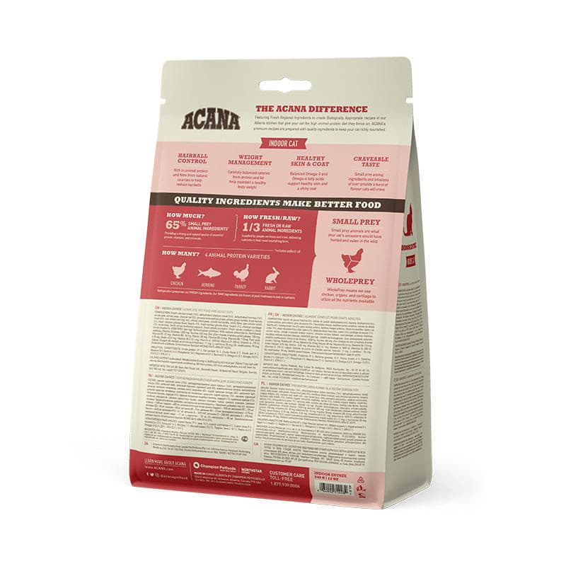 Acana Indoor Entree Dry Cat Food back of packing, pet essentials warehouse