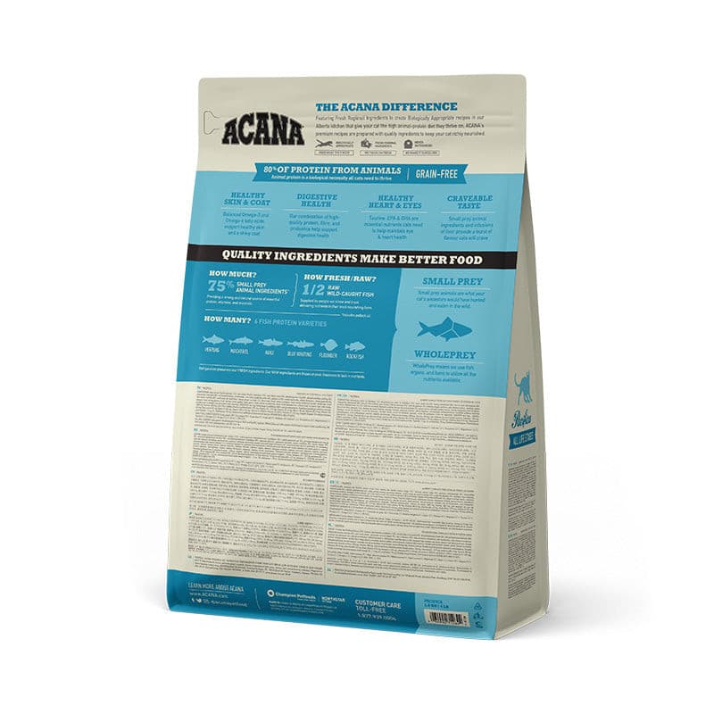 Acana Pacifica Dry Cat Food back of packaging, pet essentials warehouse
