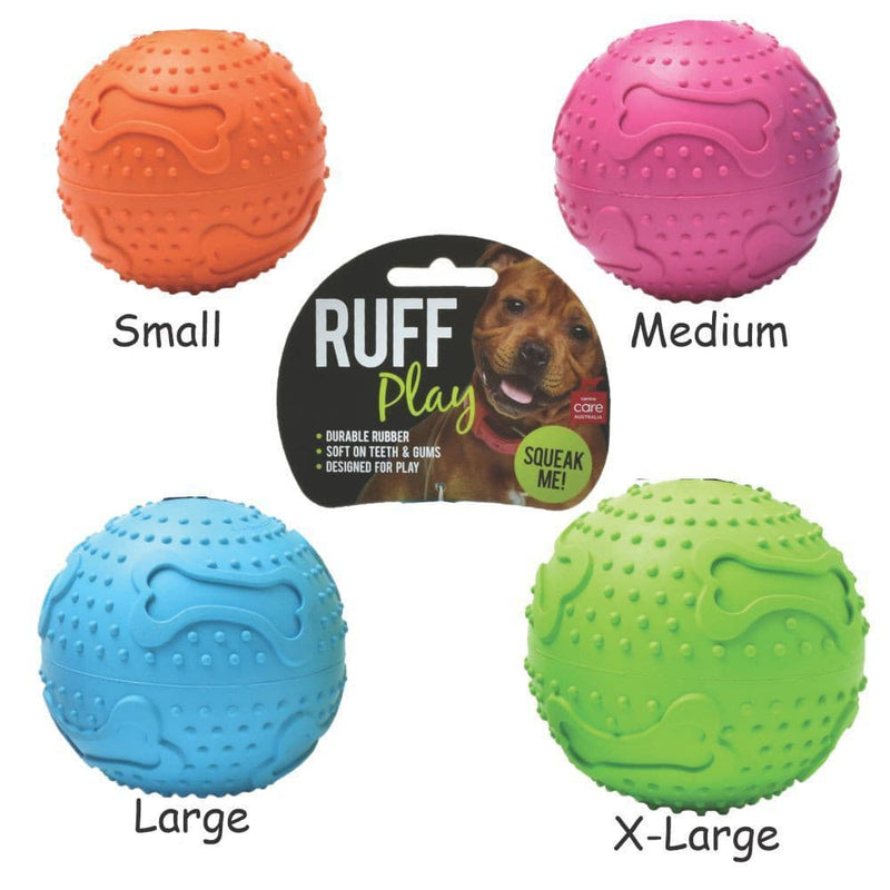 Ruff Play Rubber Squeaker Ball Dog Toy, Allpet ruff play dog ball toys, Orange dog ball, pink medium ruff play dog toy, blue large allpet ruff play nz, green XL rubber dog toy allpet NZ