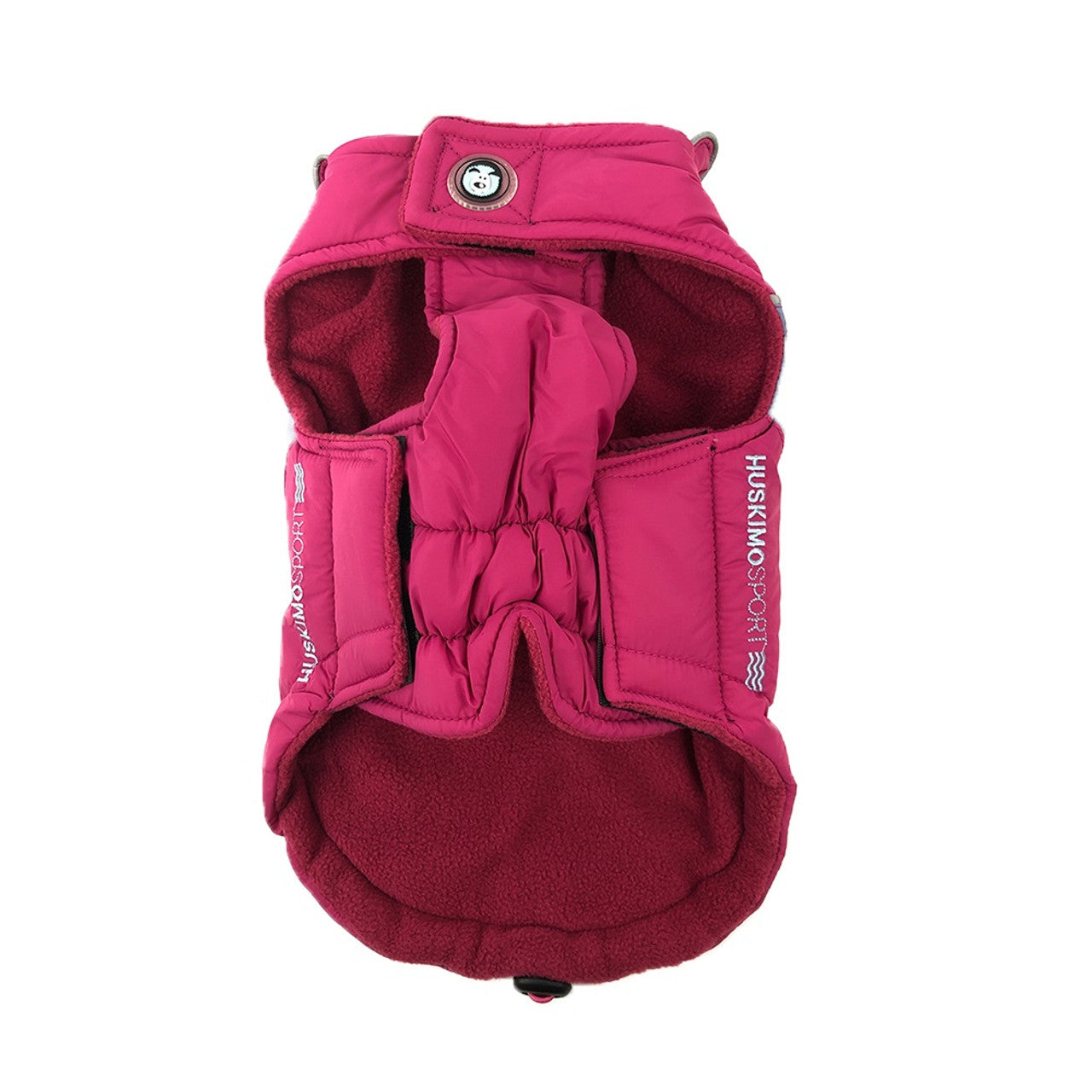 Huskimo Dog Coat Sherpa Raspberry, Pet Essentials Warehouse, Purple Huskimod go coat underside, huskimo sport dog coat with stretchy fit