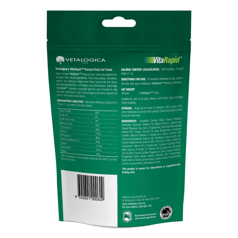 VITARAPID® TRANQUIL DAILY TREATS FOR CATS 100g barcode image, back of packaging, pet essentials warehouse